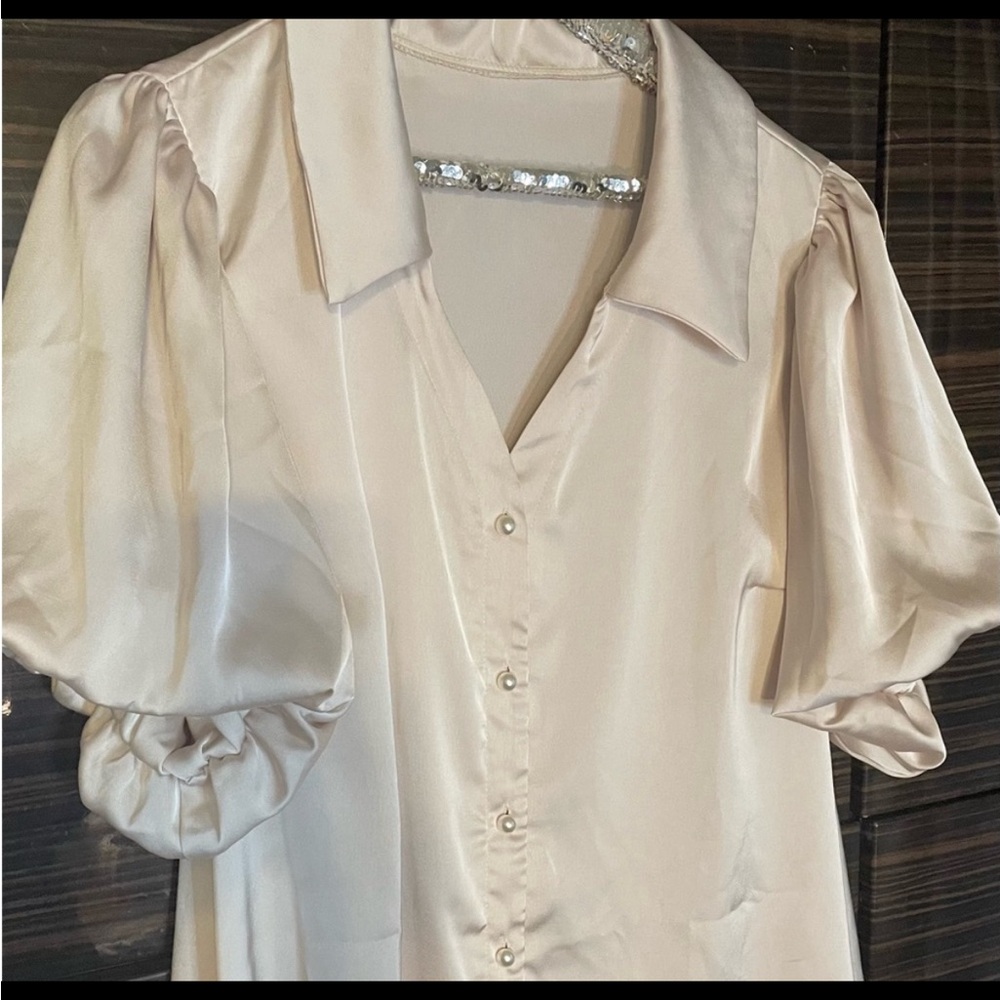 Modern Vintage Cream Satiny Soft Puff Sleeve Button Down Blouse Top XXL 2X 18/20
